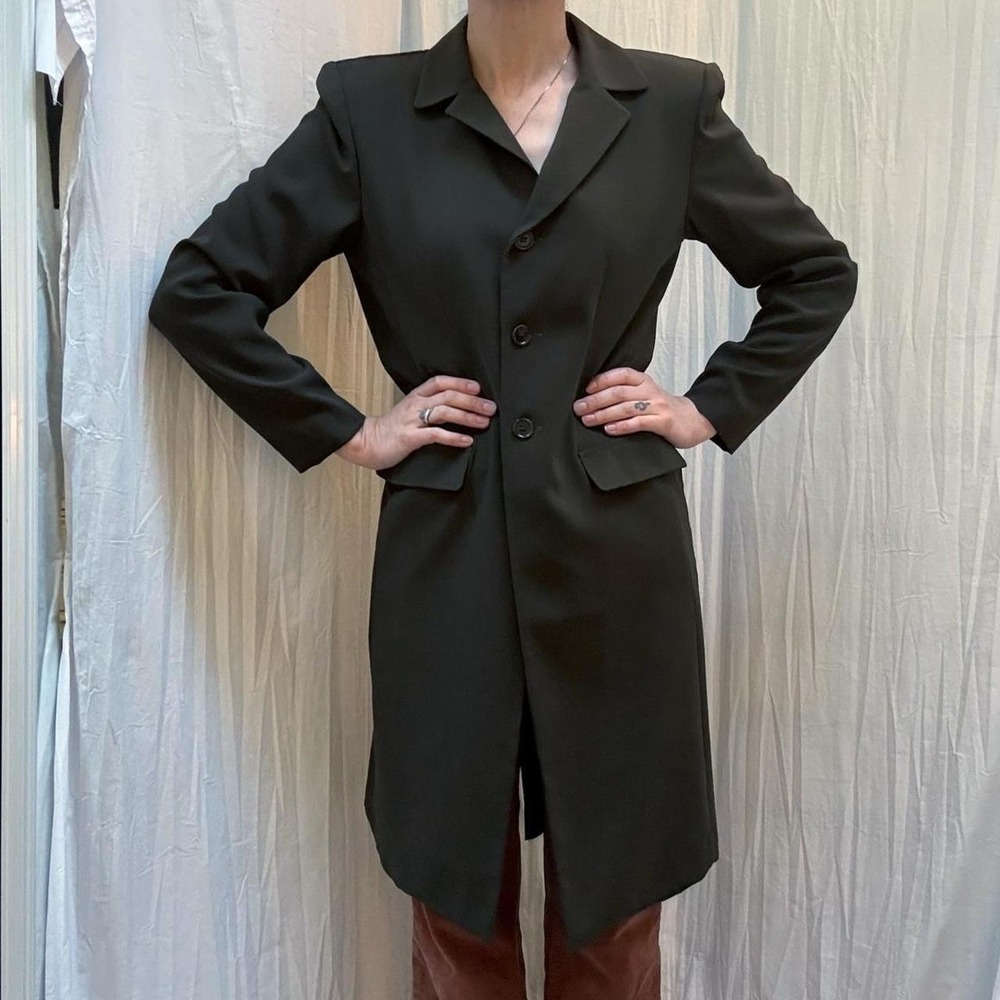 Olive Green Fitted Duster Topper Coat Jacket Vintage 90s - Picture 2 of 8